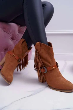 Botki Damskie Kowbojki z Klamrą Brązowe Marciapo