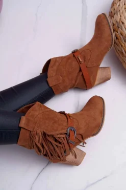 Botki Damskie Kowbojki z Klamrą Brązowe Marciapo