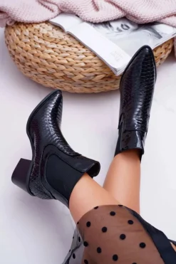 Botki Damskie Lakierowane Wsuwane Czarne Dorine