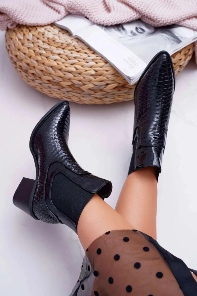 Botki Damskie Lakierowane Wsuwane Czarne Dorine