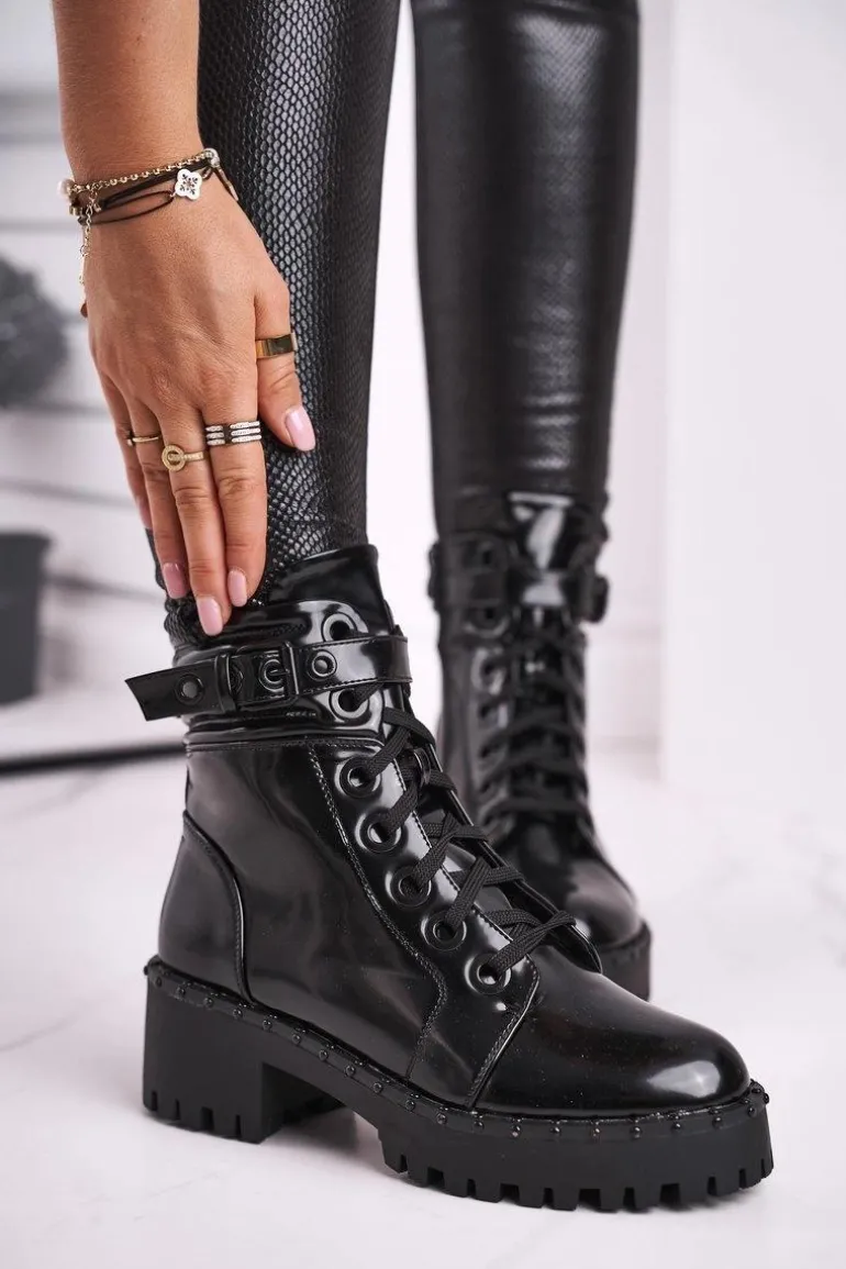 Botki Damskie Lakierowane Czarne Head Up