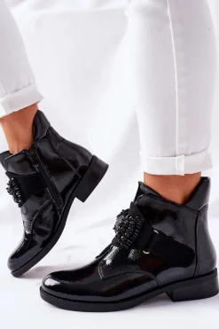 Botki Damskie Lakierowane Czarne Kryształy Schuler