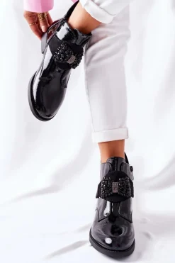 Botki Damskie Lakierowane Czarne Kryształy Schuler