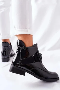 Botki Damskie Lakierowane Czarne Kryształy Schuler