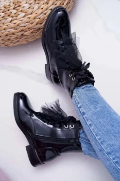 Botki Damskie Lakierowane Płaskie Czarne Barski 39-2