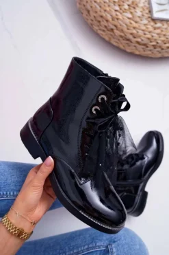 Botki Damskie Lakierowane Płaskie Czarne Barski 39-2