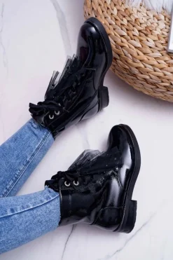 Botki Damskie Lakierowane Płaskie Czarne Barski 39-2