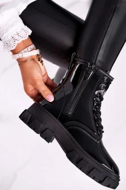 Botki Damskie Lakierowane Trapery Czarne Linzo