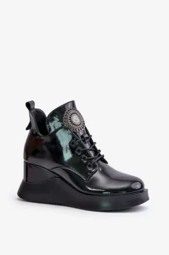 Botki Damskie Lakierowane Na Koturnie Ocieplane Vinceza 66706 Czarne