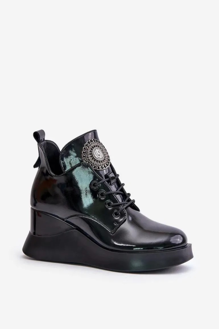 Botki Damskie Lakierowane Na Koturnie Ocieplane Vinceza 66706 Czarne