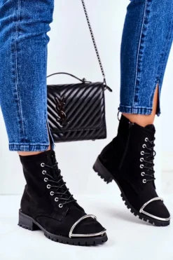 Botki Damskie Lu Boo Czarne Zamszowe Workery ze Stalową Oprawą Jacksy