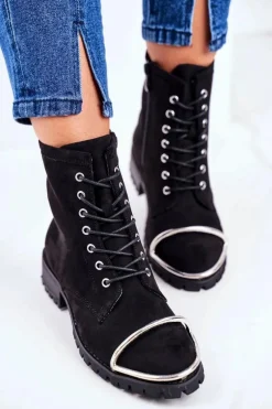 Botki Damskie Lu Boo Czarne Zamszowe Workery ze Stalową Oprawą Jacksy