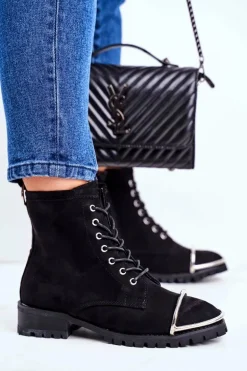 Botki Damskie Lu Boo Czarne Zamszowe Workery ze Stalową Oprawą Jacksy