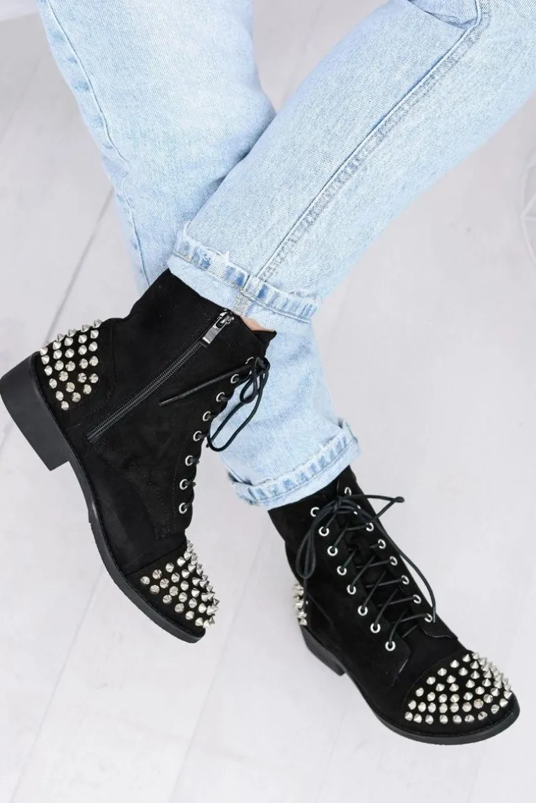 Botki Damskie Lu Boo Zamszowe Czarne Workery z Ćwiekami Tension