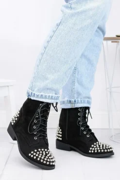 Botki Damskie Lu Boo Zamszowe Czarne Workery z Ćwiekami Tension