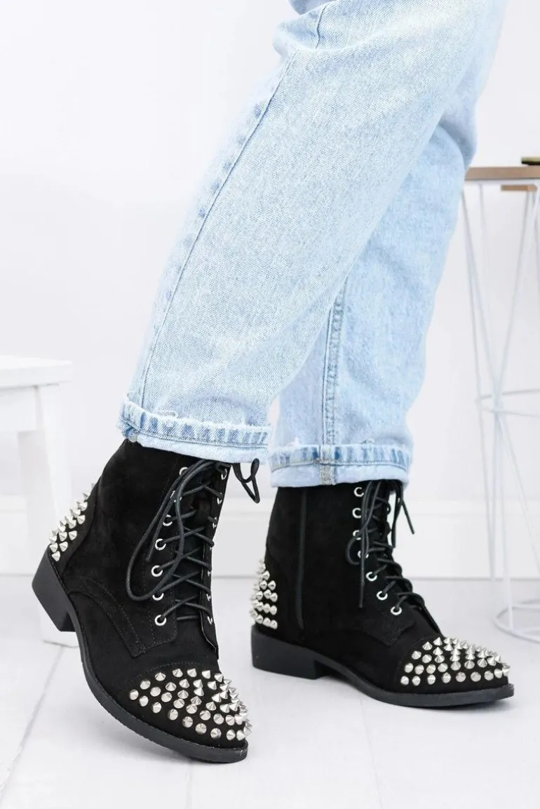 Botki Damskie Lu Boo Zamszowe Czarne Workery z Ćwiekami Tension