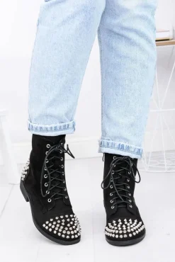 Botki Damskie Lu Boo Zamszowe Czarne Workery z Ćwiekami Tension