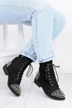 Botki Damskie Lu Boo Zamszowe Czarne Workery z Ćwiekami Tension