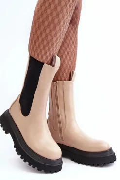 Botki Damskie Masywna Platforma Beżowe Beatrice
