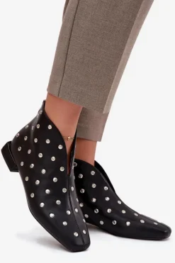 Botki Damskie Na Delikatnym Obcasie Ze Srebrnym Zdobieniem Czarne Rosalind