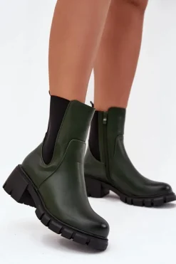 Botki Damskie Na Klocku Eko Skórzane Ciemnozielone Kyra