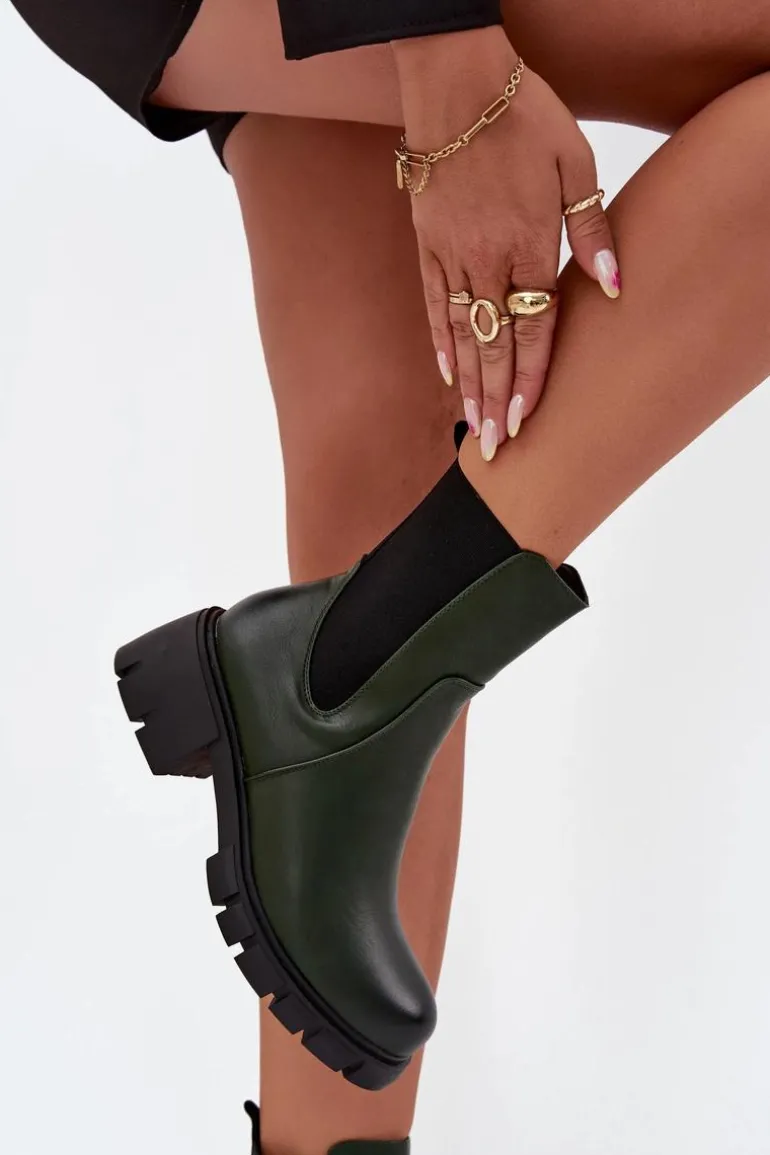 Botki Damskie Na Klocku Eko Skórzane Ciemnozielone Kyra