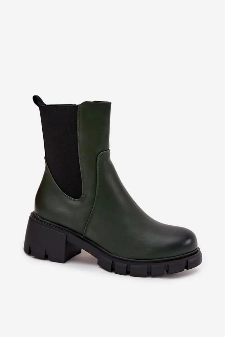 Botki Damskie Na Klocku Eko Skórzane Ciemnozielone Kyra