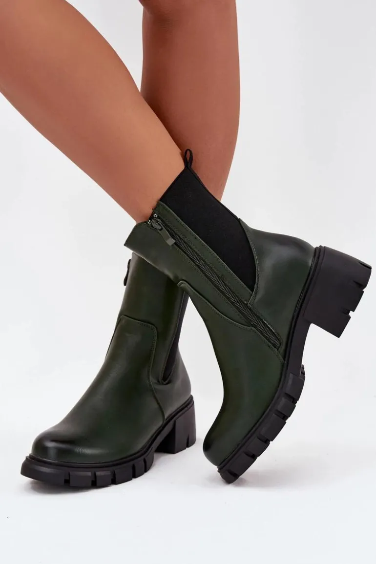 Botki Damskie Na Klocku Eko Skórzane Ciemnozielone Kyra