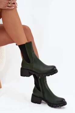 Botki Damskie Na Klocku Eko Skórzane Ciemnozielone Kyra