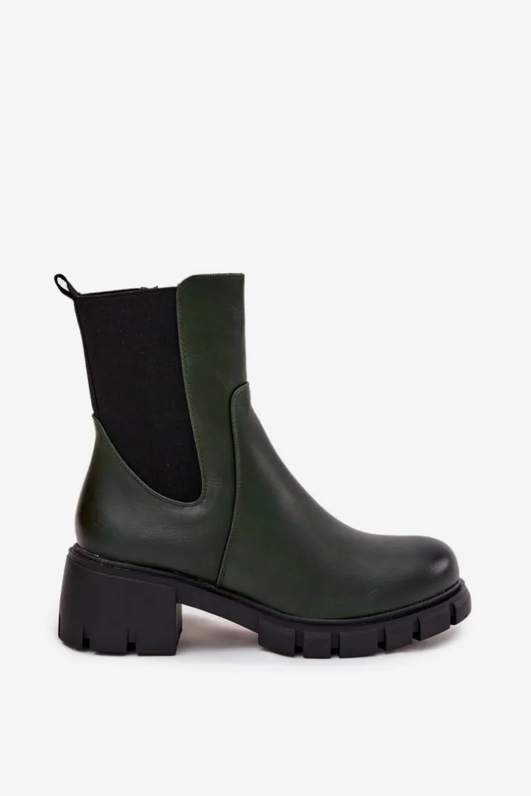 Botki Damskie Na Klocku Eko Skórzane Ciemnozielone Kyra