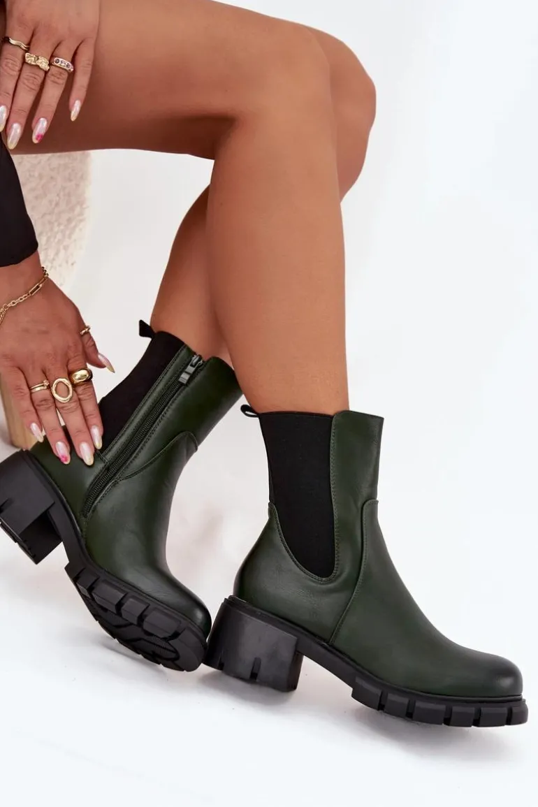 Botki Damskie Na Klocku Eko Skórzane Ciemnozielone Kyra