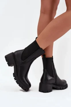 Botki Damskie Na Klocku Eko Skórzane Czarne Kyra