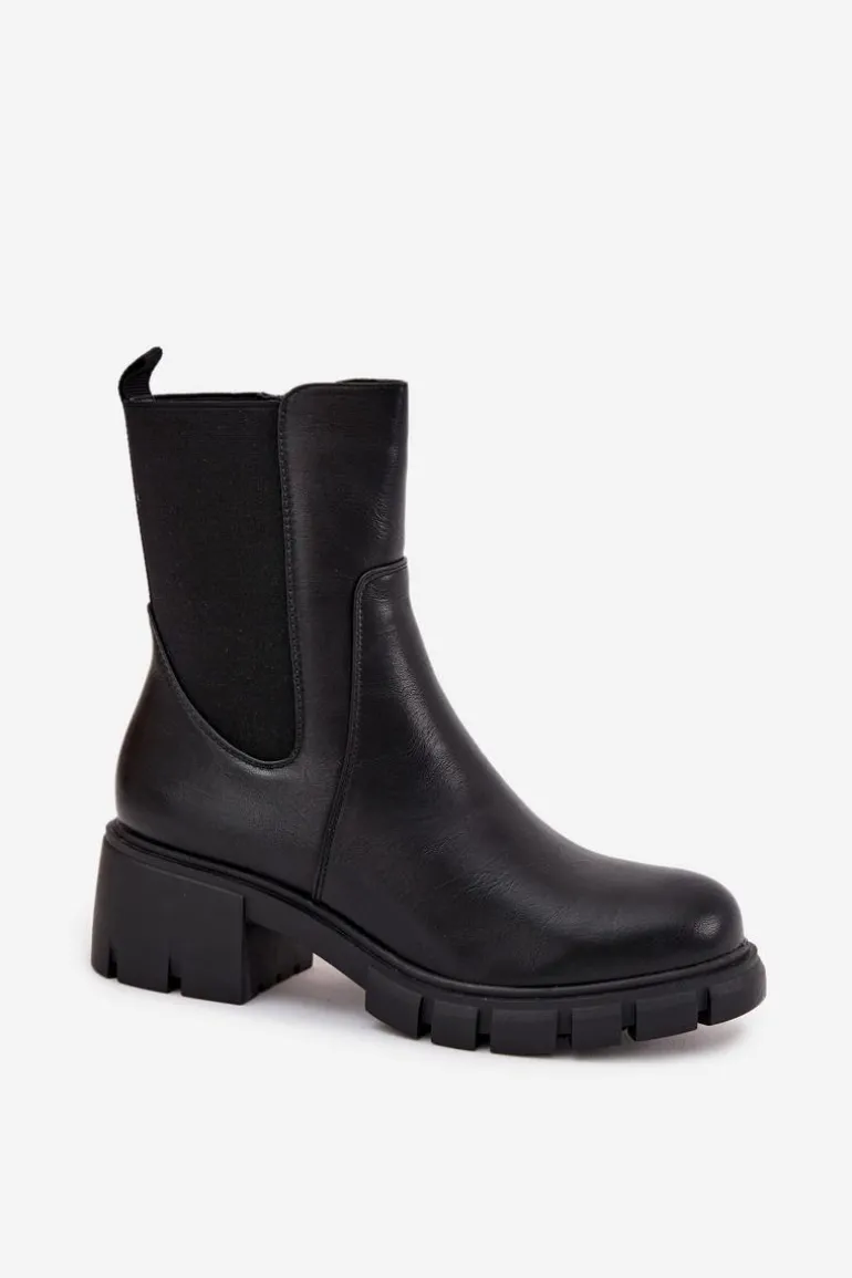 Botki Damskie Na Klocku Eko Skórzane Czarne Kyra