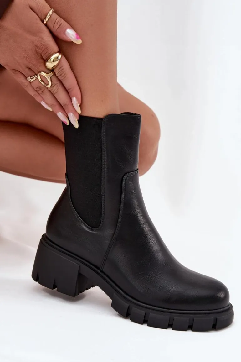 Botki Damskie Na Klocku Eko Skórzane Czarne Kyra