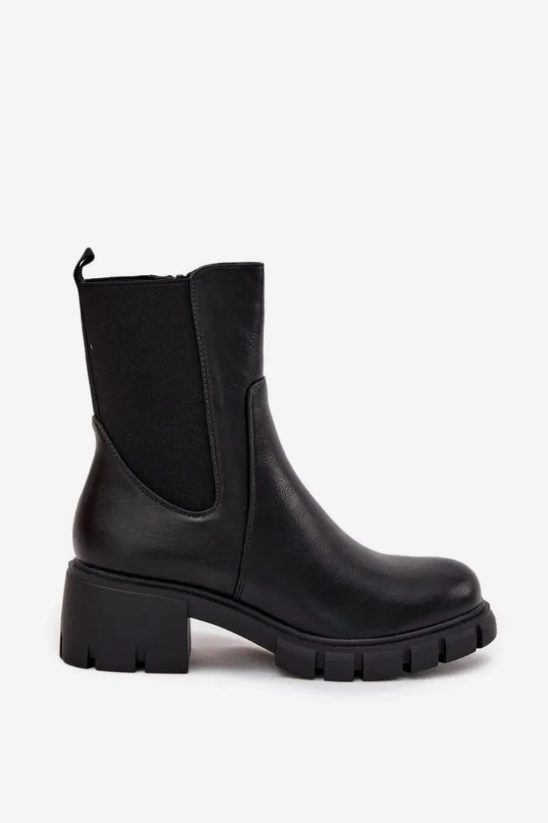 Botki Damskie Na Klocku Eko Skórzane Czarne Kyra