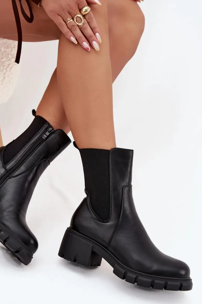 Botki Damskie Na Klocku Eko Skórzane Czarne Kyra