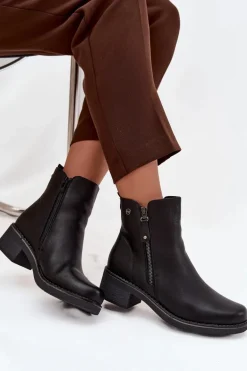 Botki Damskie Na Klocku Ocieplane Czarne Kalivana