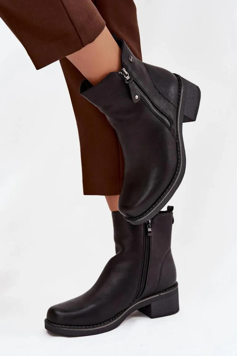 Botki Damskie Na Klocku Ocieplane Czarne Kalivana