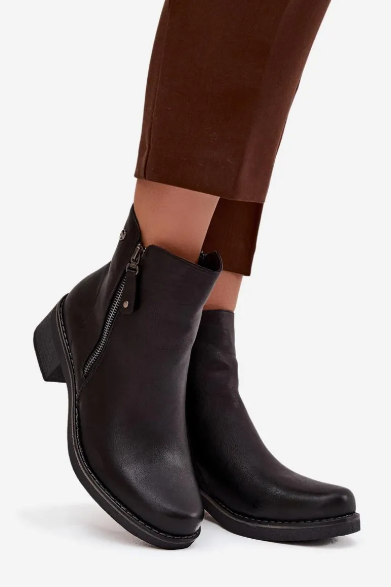 Botki Damskie Na Klocku Ocieplane Czarne Kalivana