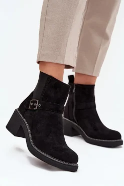 Botki Damskie Na Klocku Z Klamrą Czarne Nymera