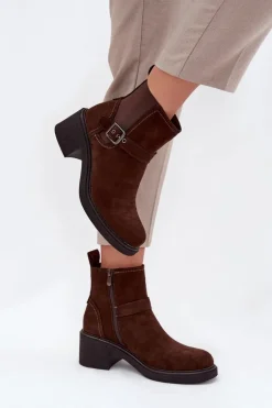 Botki Damskie Na Klocku Z Klamrą Brązowe Nymera