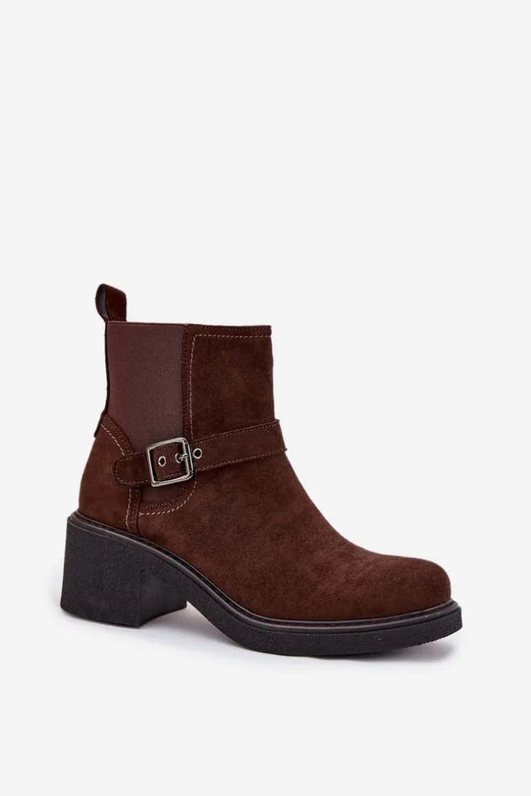 Botki Damskie Na Klocku Z Klamrą Brązowe Nymera