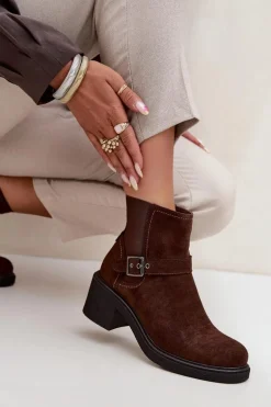 Botki Damskie Na Klocku Z Klamrą Brązowe Nymera