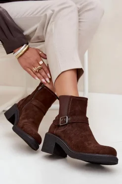 Botki Damskie Na Klocku Z Klamrą Brązowe Nymera