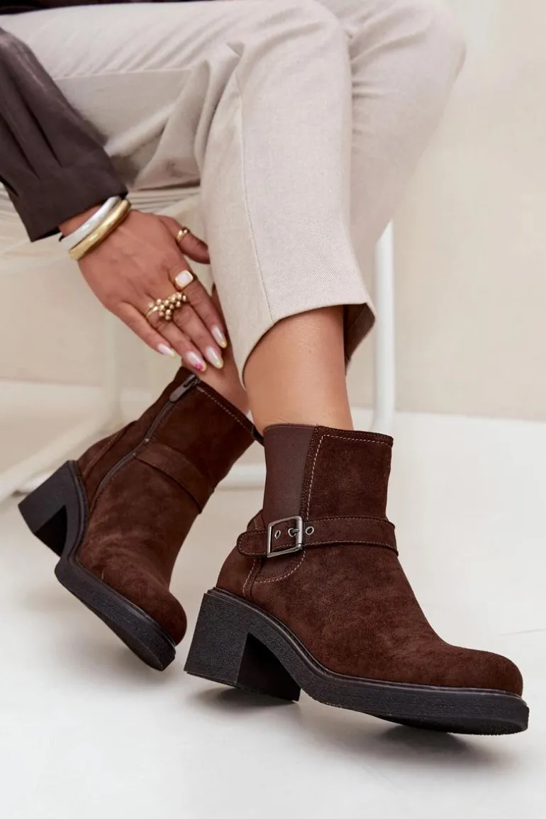 Botki Damskie Na Klocku Z Klamrą Brązowe Nymera
