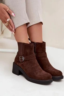 Botki Damskie Na Klocku Z Klamrą Brązowe Nymera