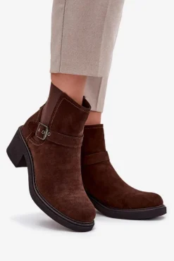 Botki Damskie Na Klocku Z Klamrą Brązowe Nymera