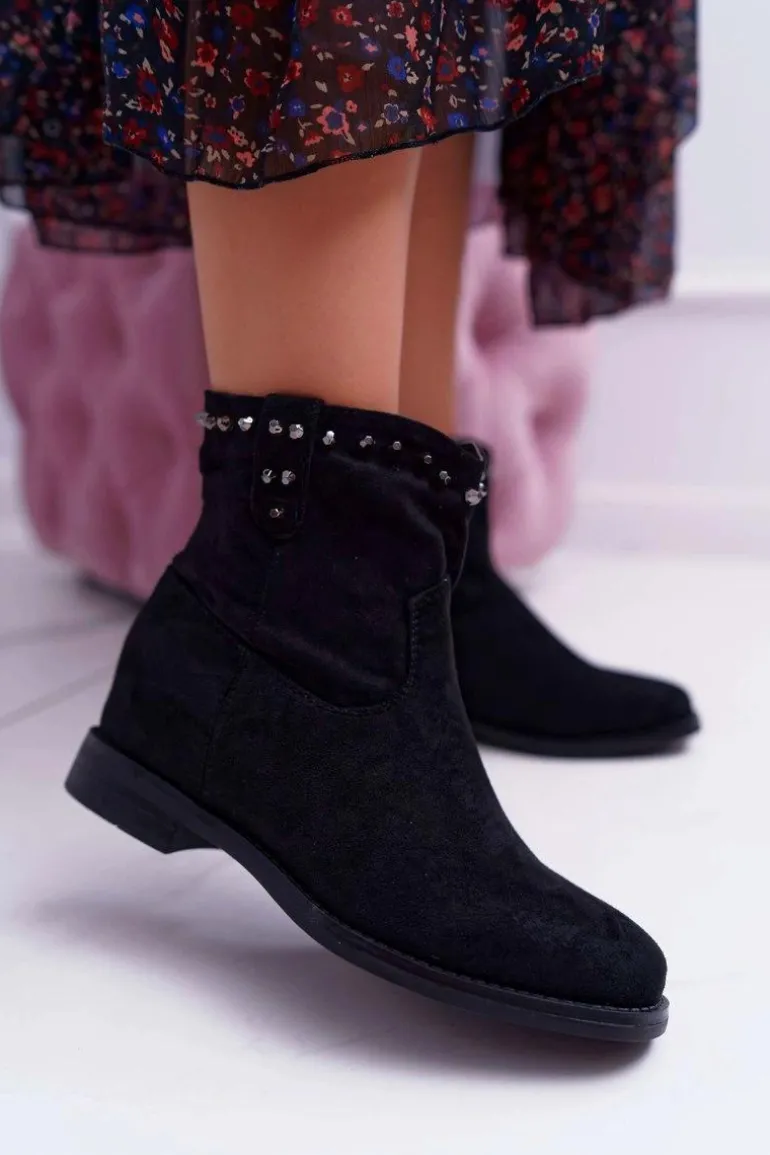 Botki Damskie Na Koturnie Płaski Obcas Ocieplane Za Kostkę Czarne Deminis