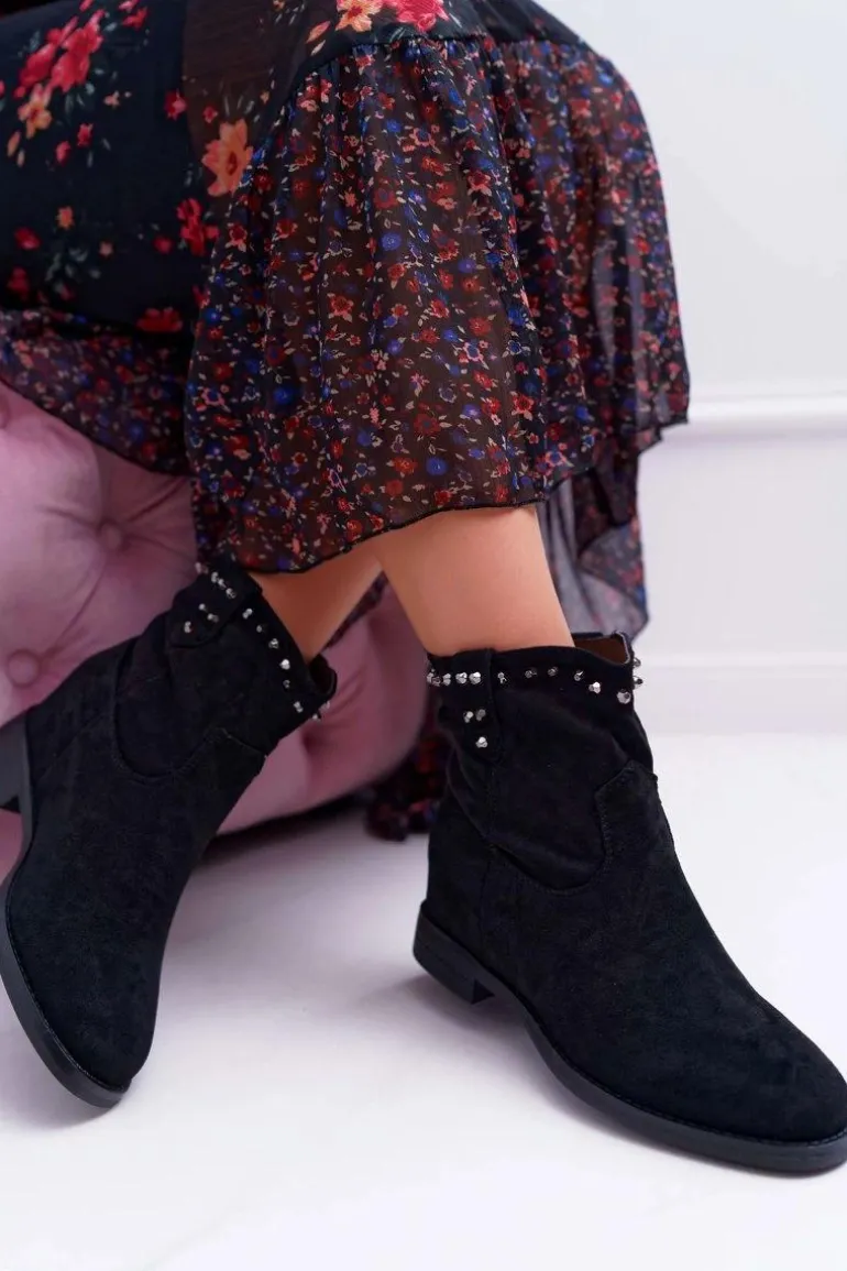 Botki Damskie Na Koturnie Płaski Obcas Ocieplane Za Kostkę Czarne Deminis