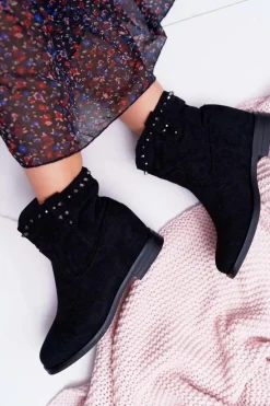 Botki Damskie Na Koturnie Płaski Obcas Ocieplane Za Kostkę Czarne Deminis